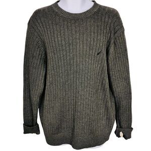 Nautica Sweater Mens L Gray Long Sleeve Crew Neck Knit Ribbed New